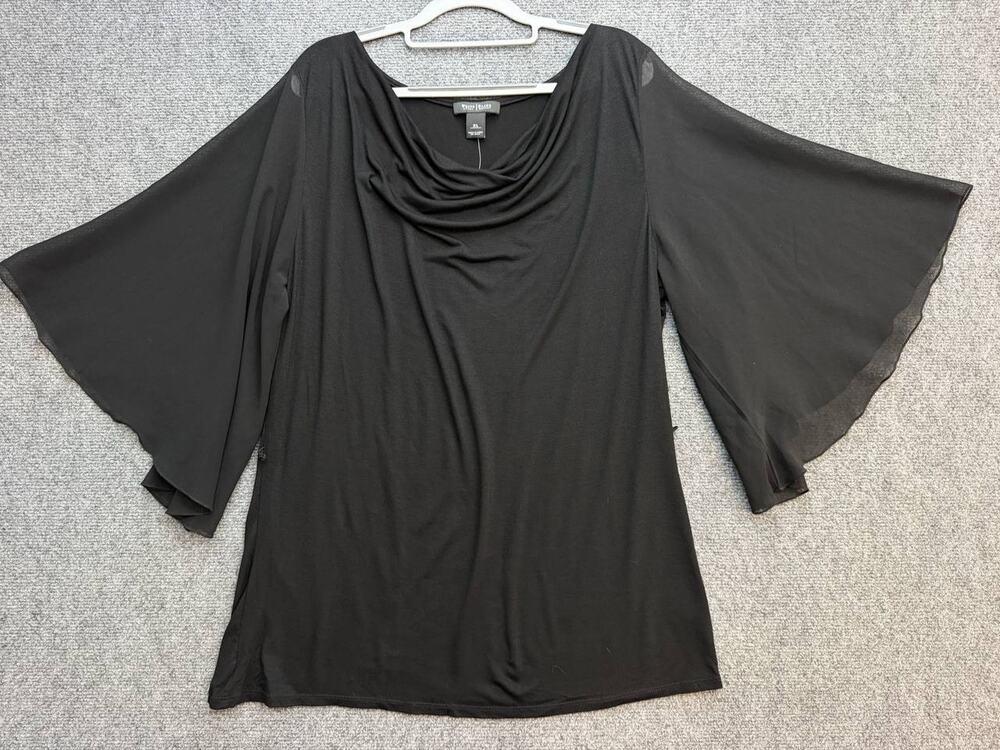 White House Black Market XL Black Cowl Neck Sheer Bell Sleeve Blouse NWT